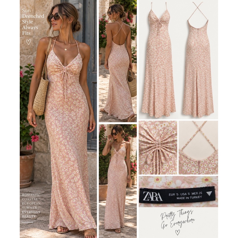 Zara S Pink Floral Halter Maxi Dress Backless Ruched Y2K Coquette Resort Fairy